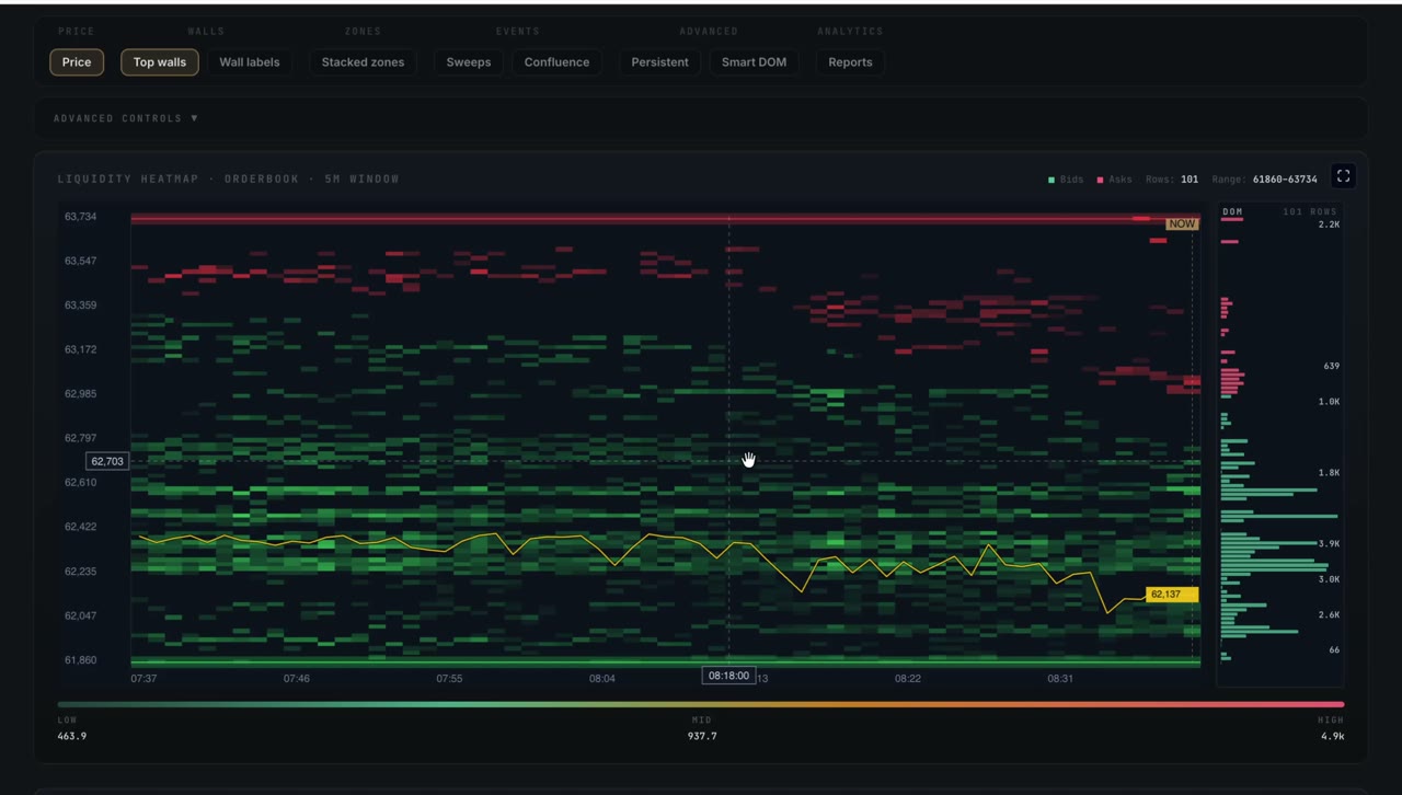 FOCSAL Liquidity Map heatmap showing liquidation clusters, density and bid/ask walls across price levels for BTC in hybrid mode